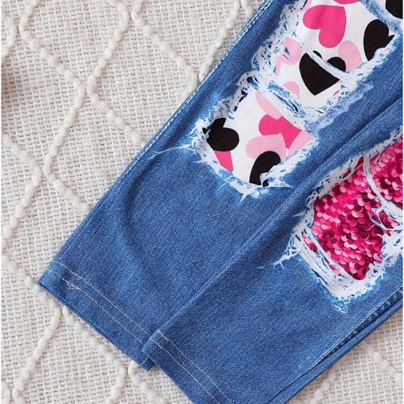 Girls Cute Heart Outfit Casual Love Print Knit Top And Denim Effect Long… - Picture 4 of 7